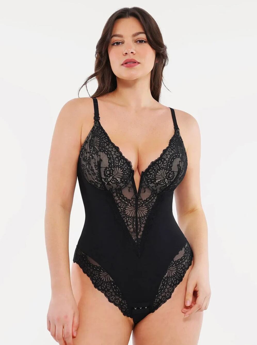 POPILUSH Shapewear Lace Deep V-Neck Sculpting Thong Bodysuit Black Sz L {BB29}